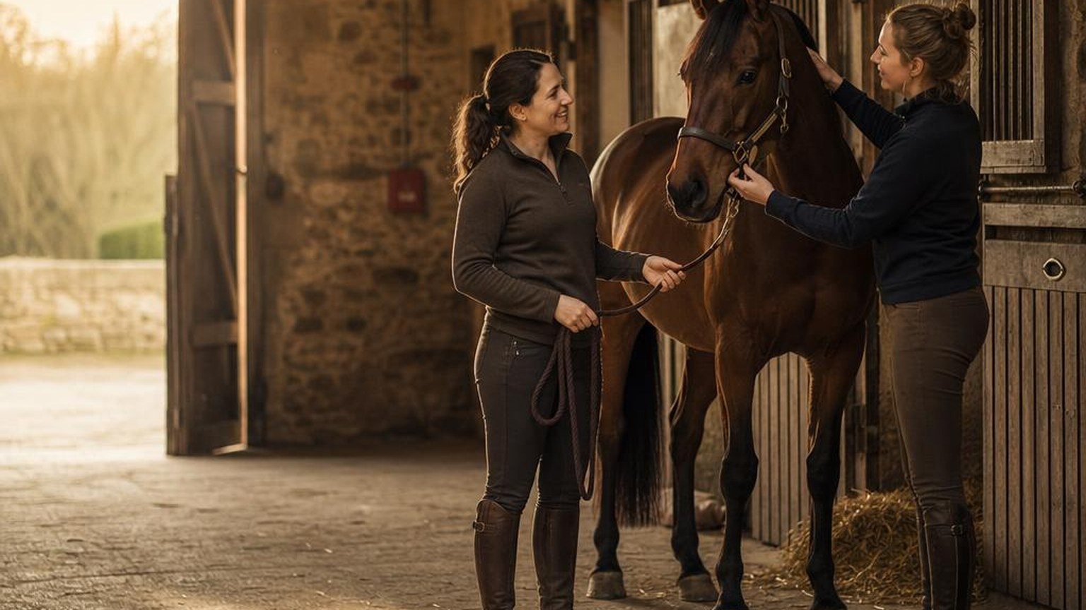 Deux cavalières partagent les soins d'un même cheval en demi-pension dans une écurie