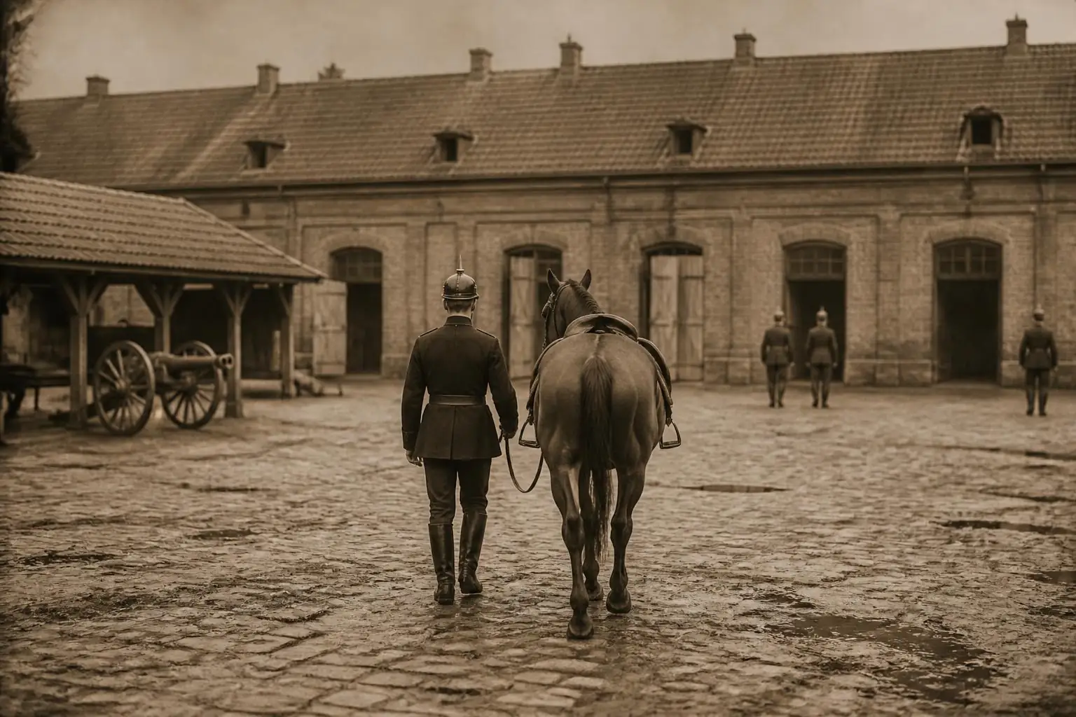 Soldat en casque à pointe vu de dos menant un cheval bai sellé dans une cour pavée, écuries en brique au fond