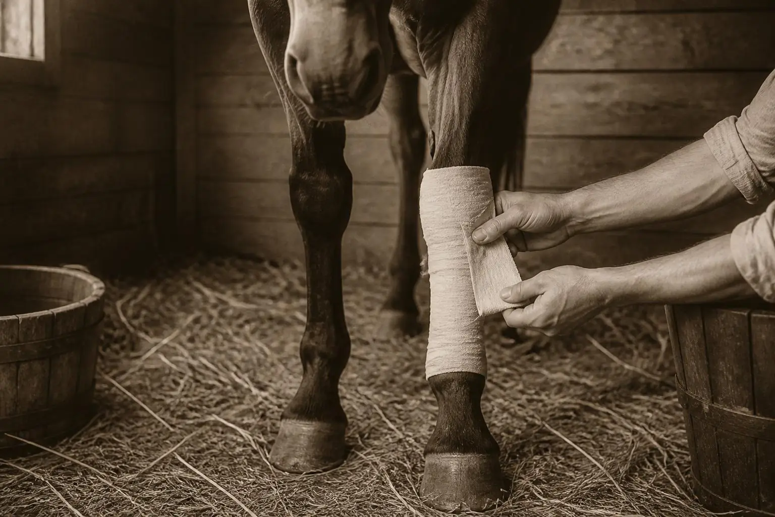 Mains d'un soigneur posant une bande de repos sur l'antérieur gauche d'un cheval dans un box de paille