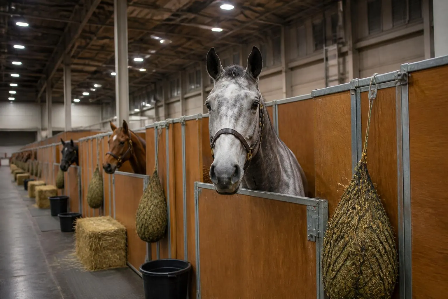 Chevaux logés dans des box démontables alignés sous la charpente métallique d'un hall d'exposition