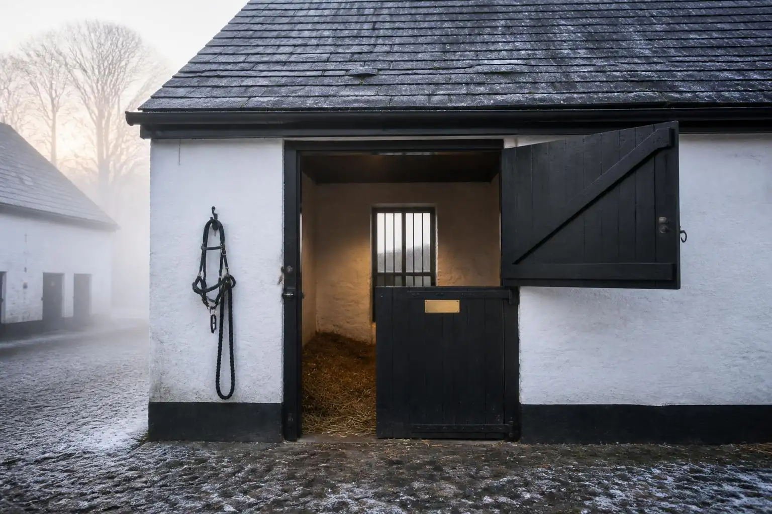 Porte ouverte d'un box vide au petit matin, licol pendu au crochet, brume sur la cour d'un haras