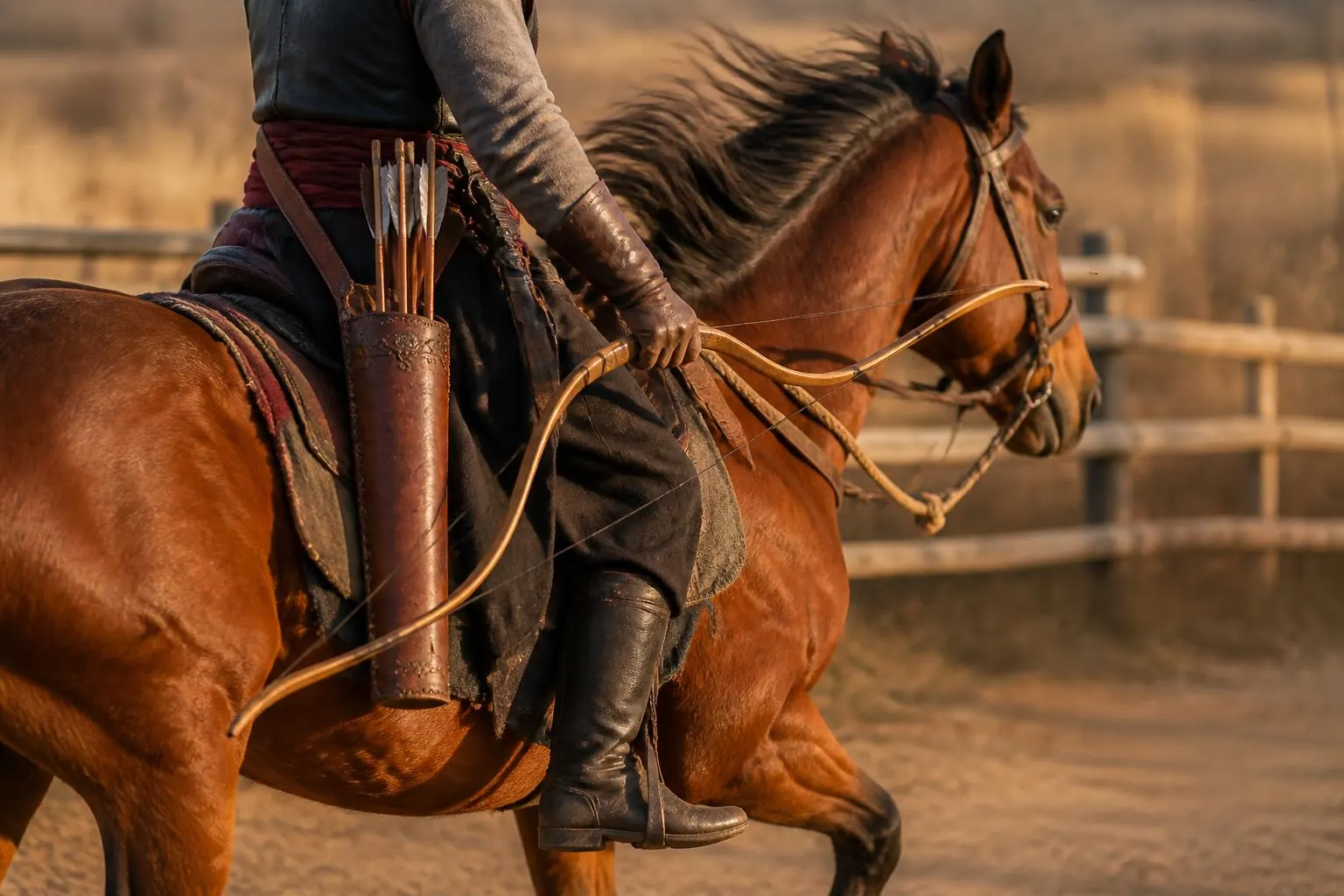 Flanc d'un cheval bai au galop, carquois de cuir et flèches à la hanche du cavalier, arc en main, rênes nouées sur l'encolure