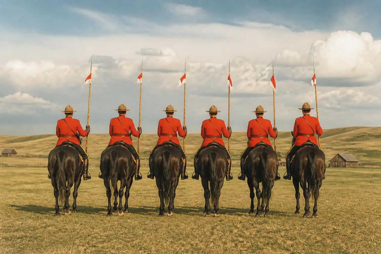 Six chevaux noirs montés par des cavaliers en tunique rouge et chapeau à larges bords, vus de dos, lances à fanions, prairie