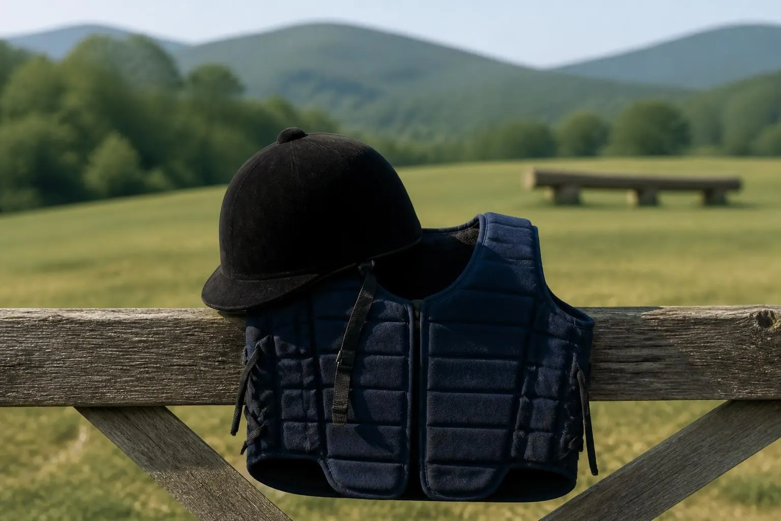 Casque de velours noir et gilet de protection bleu marine posés sur une barrière de bois, piste de cross en fond