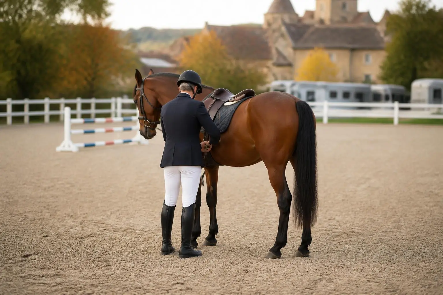 Cavalier aux cheveux gris vu de dos, resserrant la sangle de son cheval avant d’entrer en piste
