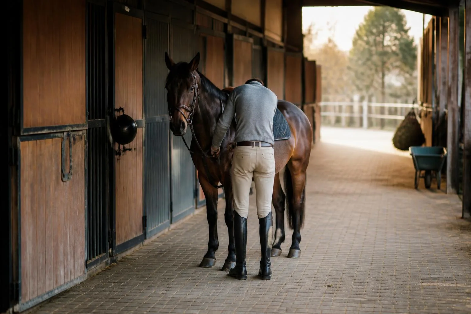 Homme vu de dos resserrant la sangle d'un petit cheval bai foncé sellé dans une allée d'écurie, casque accroché au mur