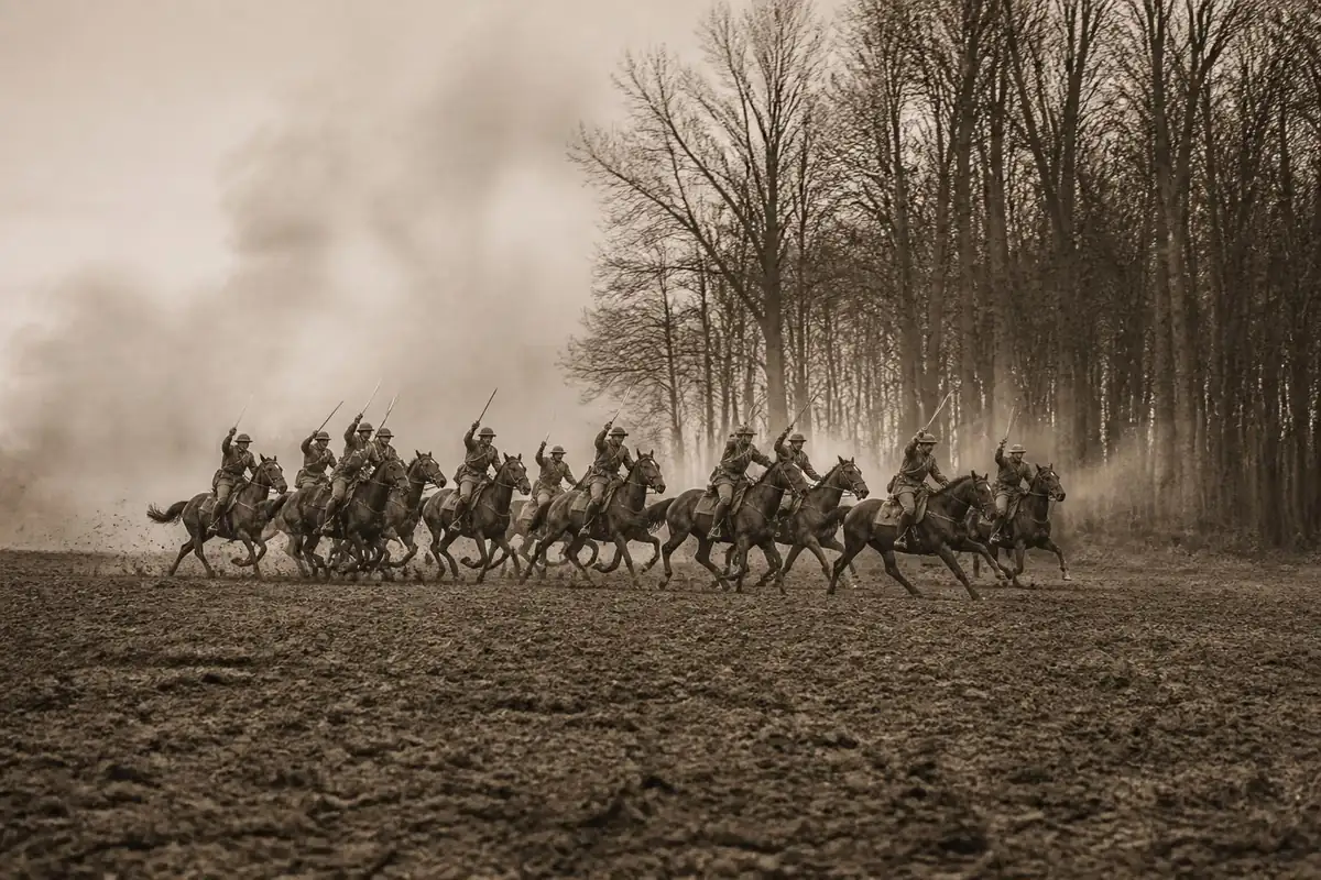 Ligne de cavaliers au galop, sabres levés, sur un champ boueux devant un bois d'arbres nus, sépia