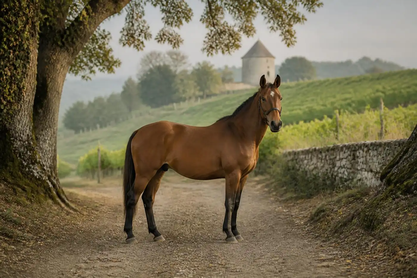 Cheval bai en licol, debout sur un chemin creux entre des chênes, vignes et tour ronde en pierre au loin