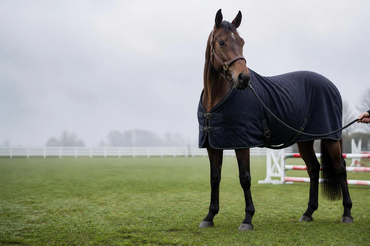Cheval bai en couverture, tenu en main sur l'herbe mouillée au bord d'une piste de saut, ciel gris