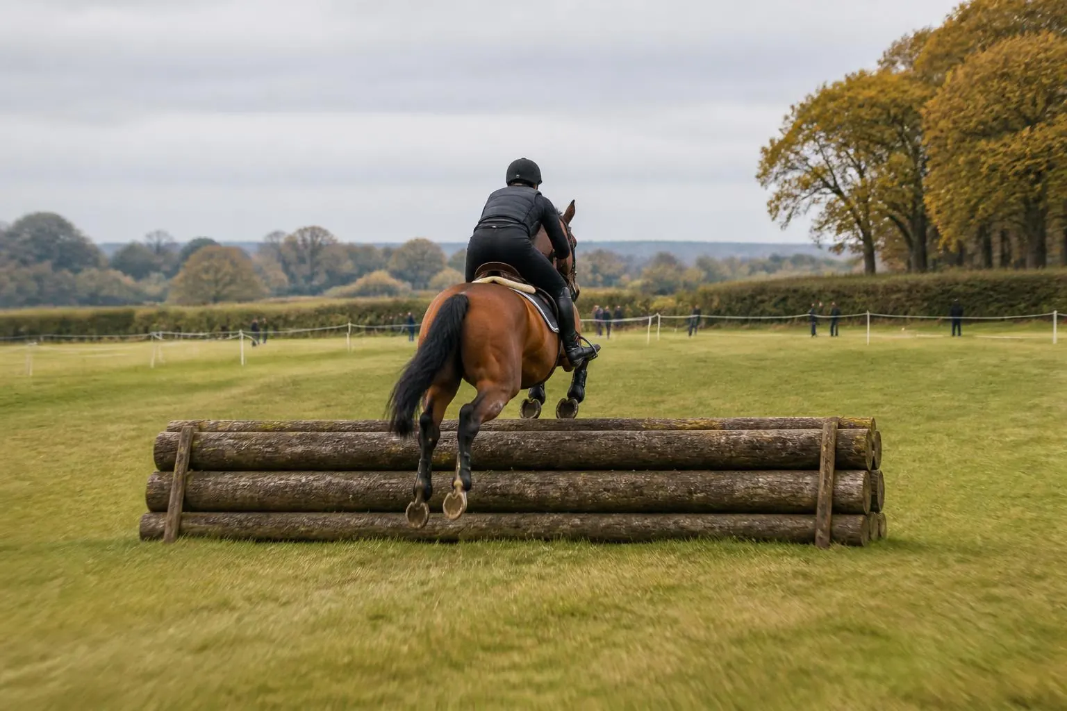 Cheval bai et cavalier vus de dos franchissant un obstacle de cross en rondins sur une prairie d automne