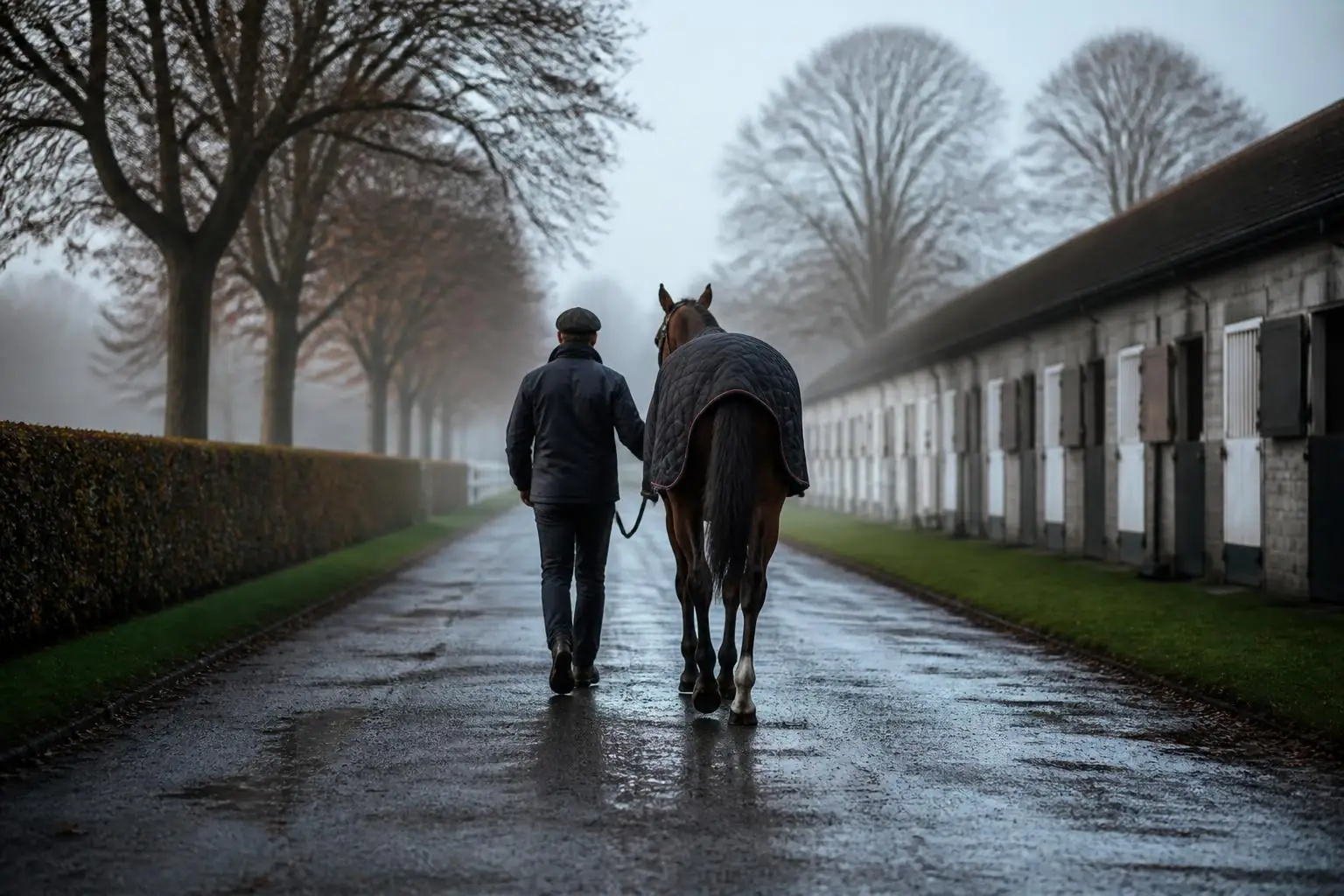 Homme de cheval vu de dos menant un pur-sang bai couvert le long des boxes, un matin de brume