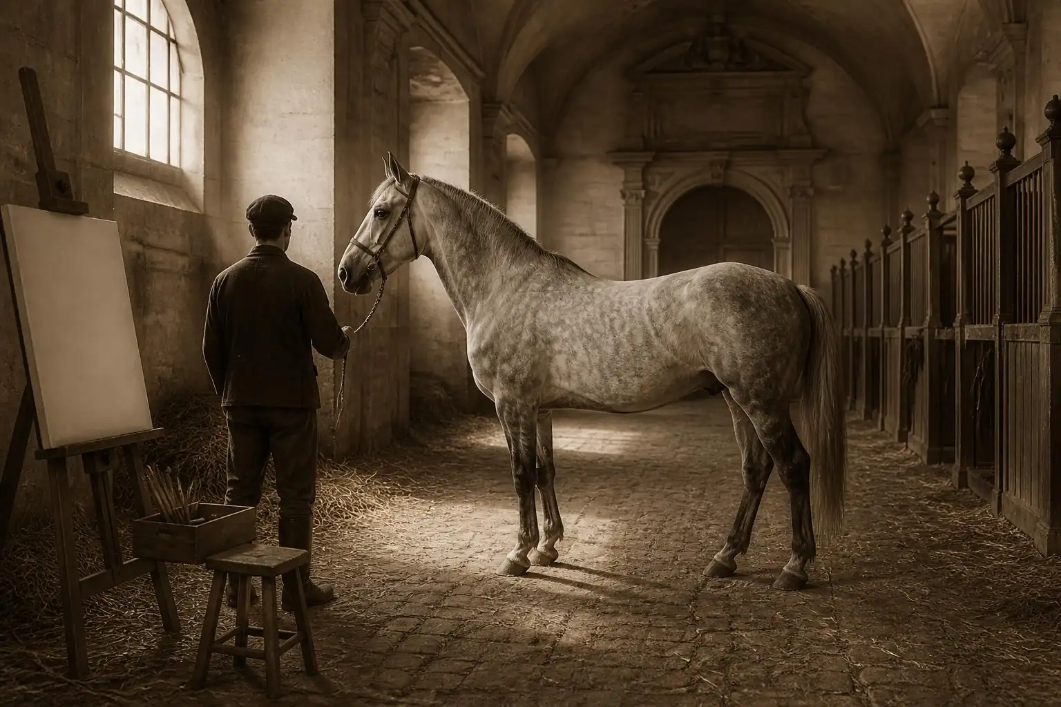 Cheval gris pommelé tenu par un palefrenier de dos dans une écurie voûtée, chevalet et toile vierge, lumière de fenêtre