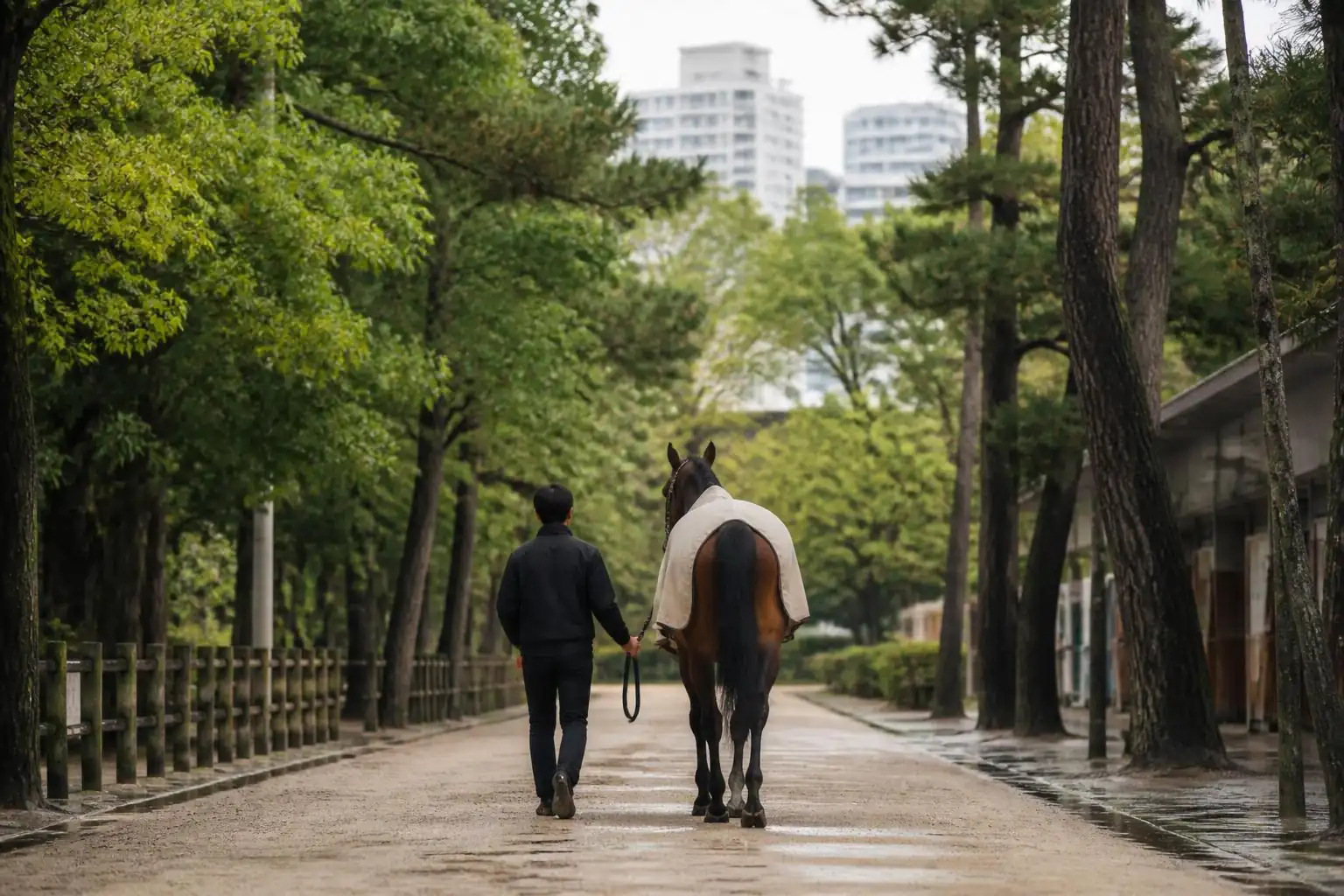 Cheval bai en chemise mene en main par un groom de dos sur une allee mouillee bordee de pins, immeubles au loin