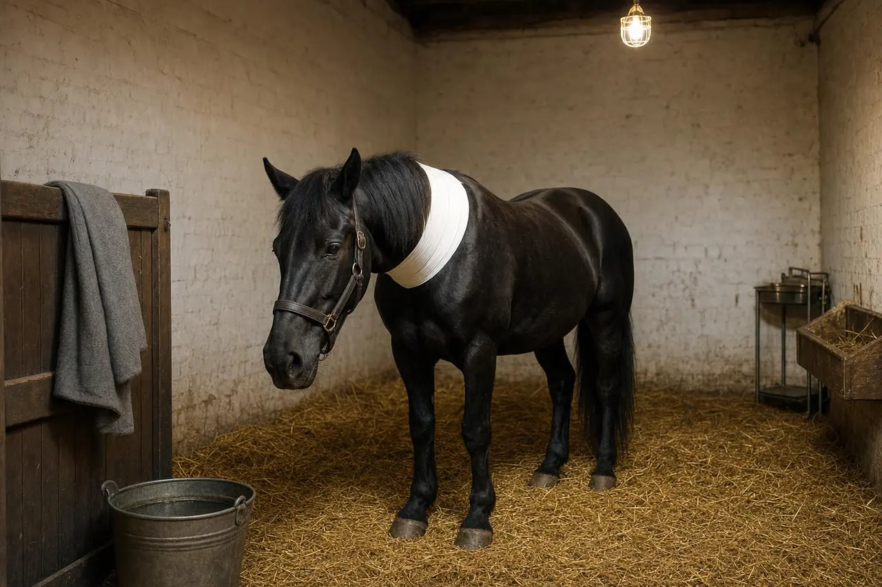 Cheval noir debout dans un box paillé, large pansement blanc propre autour de la base de son encolure