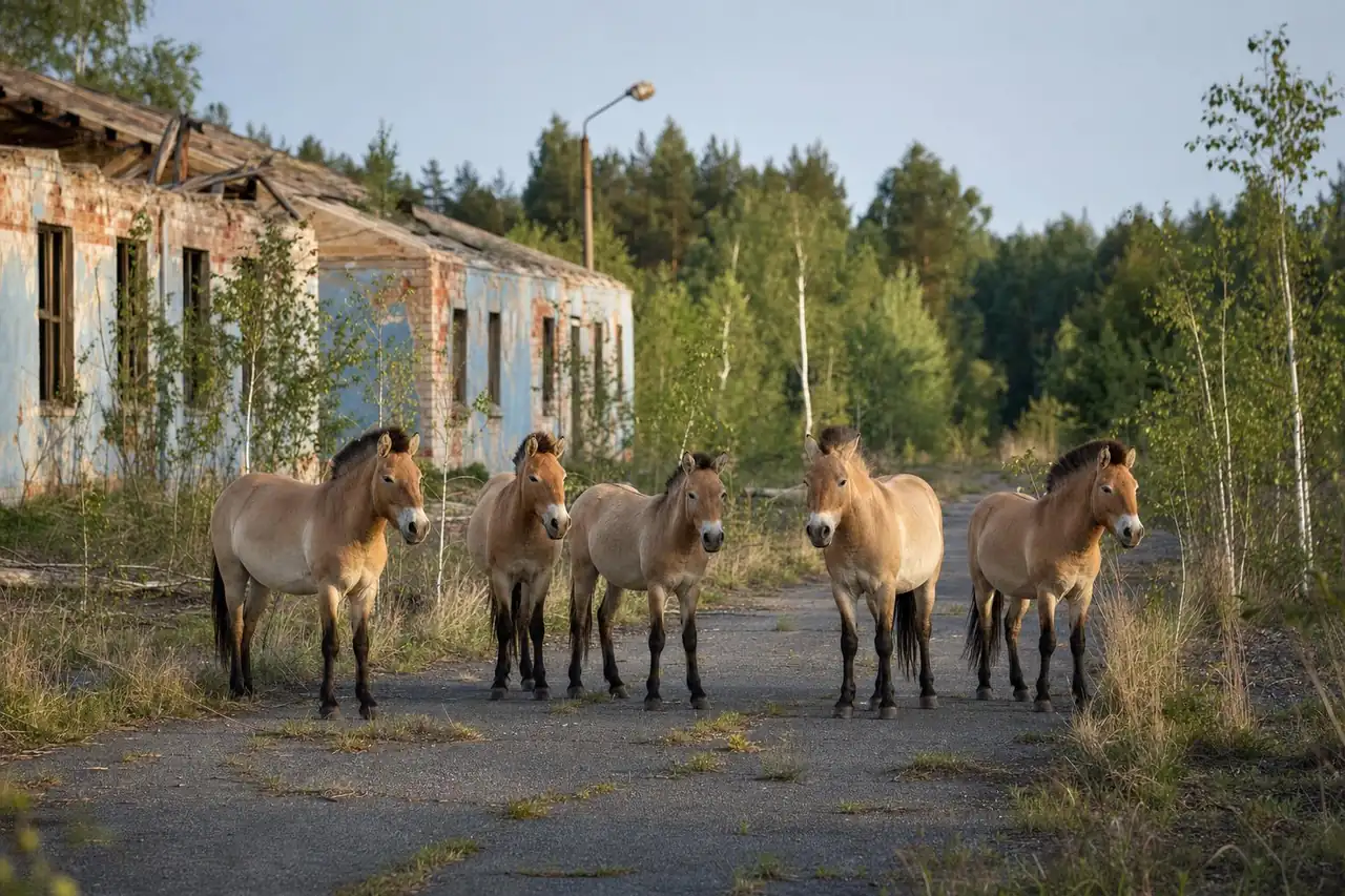 Cinq chevaux sauvages beiges à crinière noire dressée, debout dans la rue d'un village abandonné envahi par les bouleaux