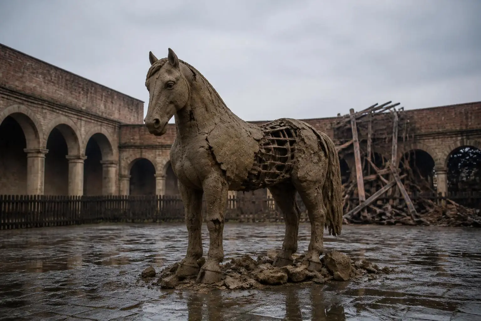 Sculpture de cheval en argile crevassée, fragments au sol dans une cour pavée sous un ciel gris