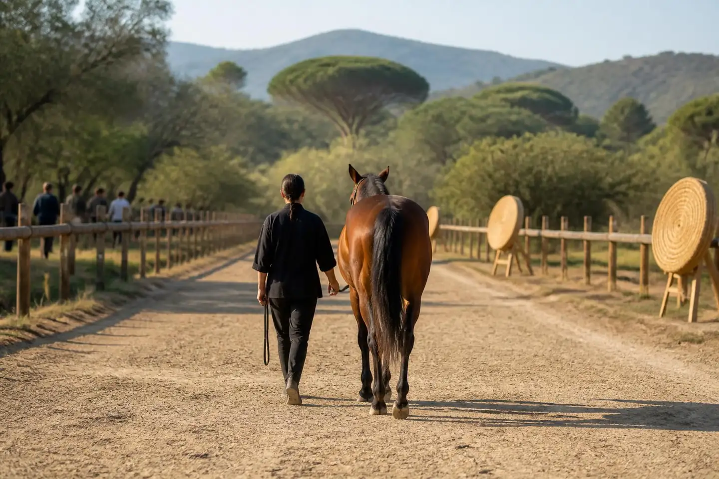 Cheval bai mené en main au pas sur un couloir de sable bordé d'une lisse, trois cibles rondes en paille, pins et collines