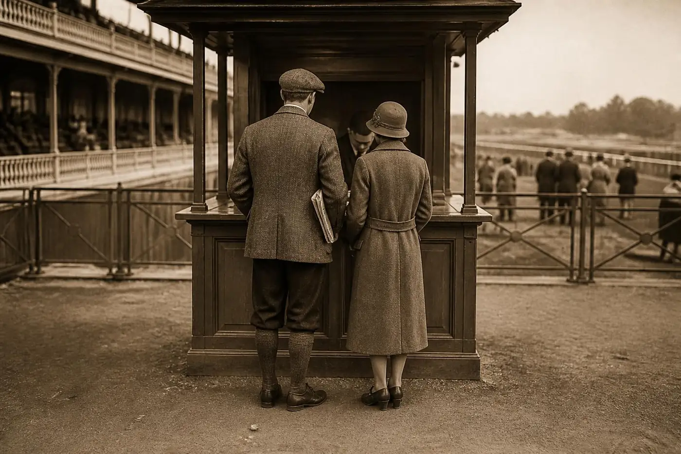 Homme en veste de tweed et casquette, journal sous le bras, et femme en cloche vus de dos devant un guichet de bois d'hippodrome, sépia