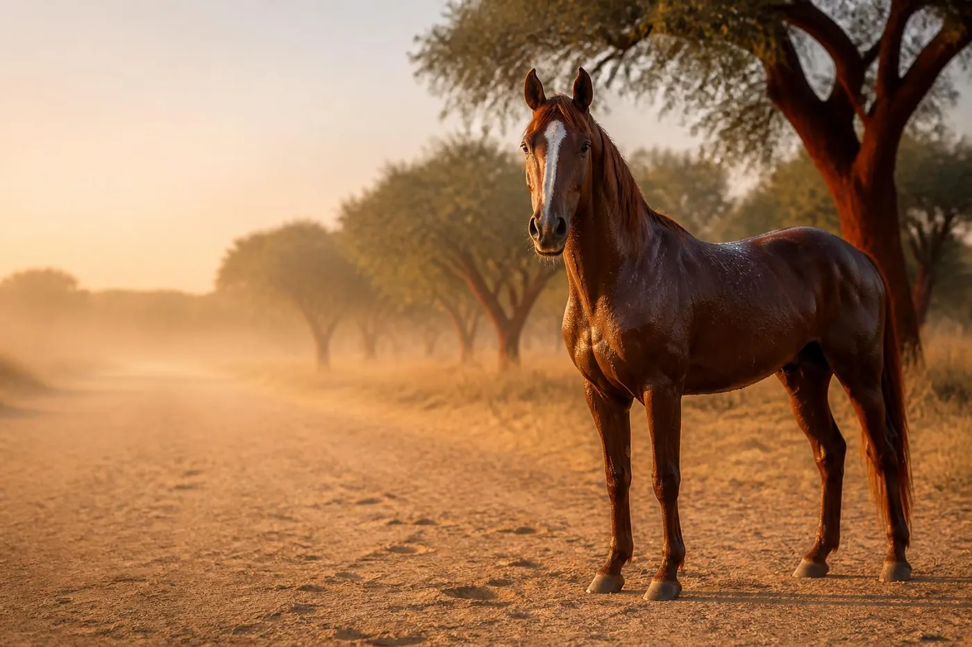 Cheval alezan d'endurance à l'arrêt sur une piste sablonneuse, robe trempée de sueur, sans harnachement