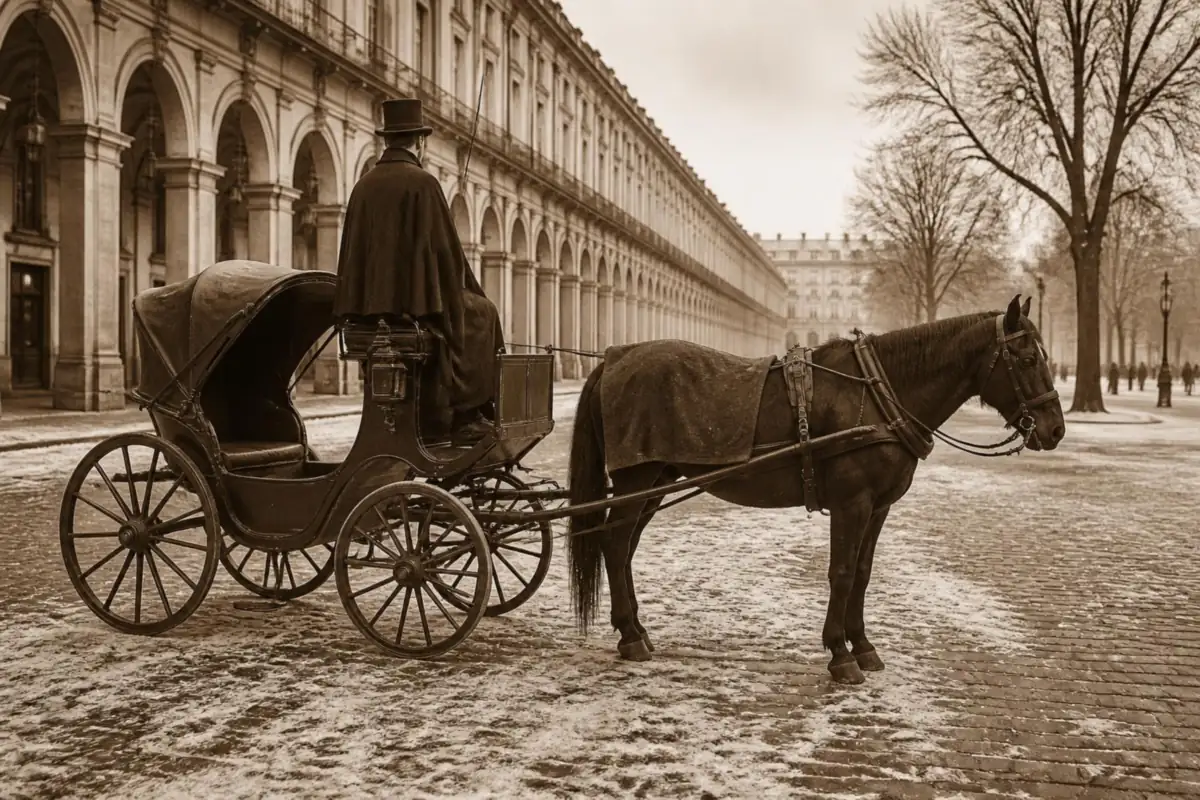 Cheval noir attelé à un fiacre à capote, couverture sur le dos, cocher en cape et haut-de-forme vu de dos, arcades enneigées