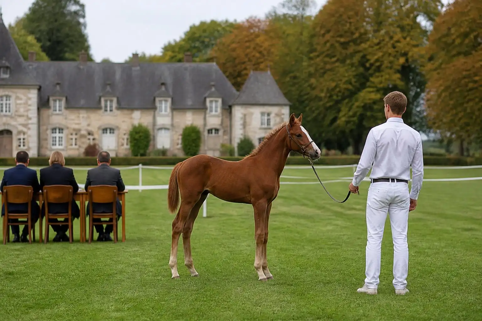 Poulain alezan à la tête blanche campé de profil sur l'herbe devant trois juges assis à une table
