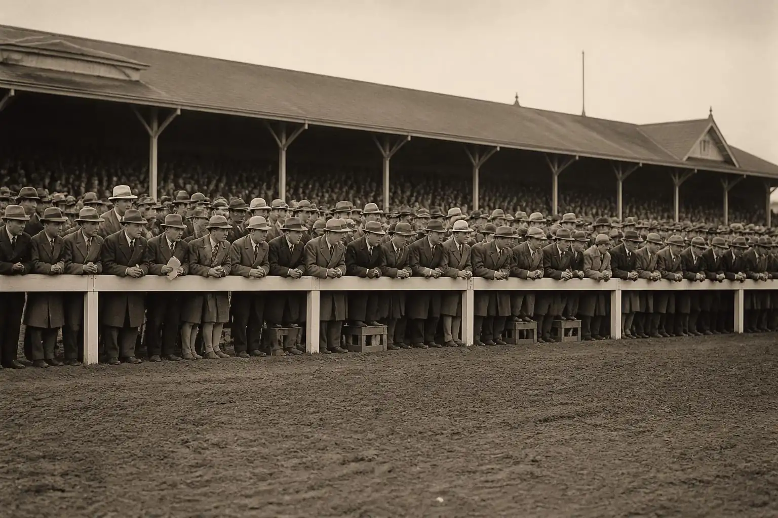 Foule compacte en chapeaux et manteaux le long de la lice d'un hippodrome américain dans les années 1930