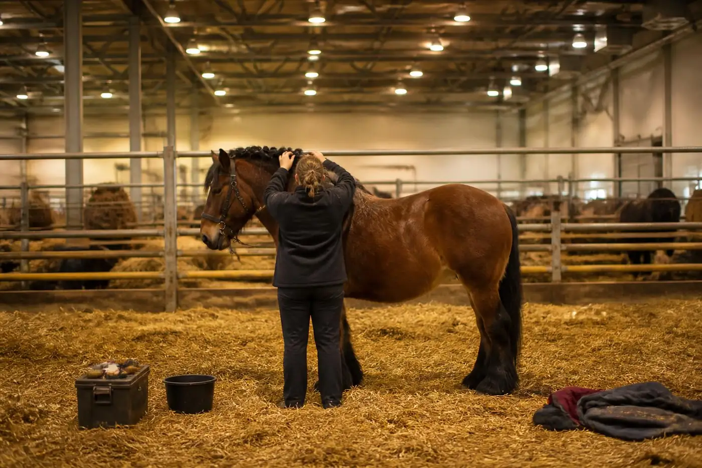 Groom de dos tressant la crinière d'un cheval de trait bai dans une stalle de paille sous une halle