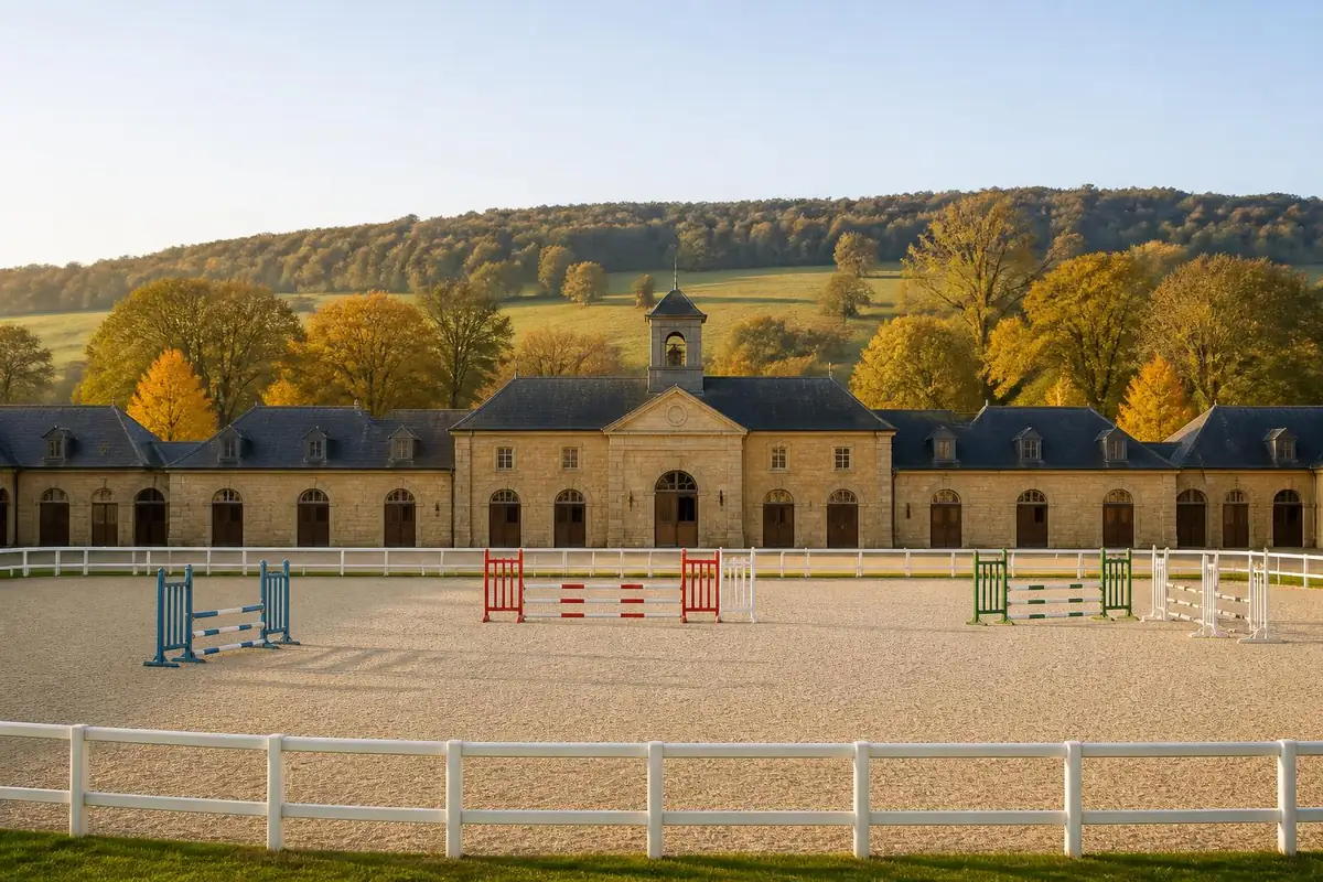 Carrière de sable et bâtiments en pierre d’un haras bourguignon sous la lumière basse de septembre