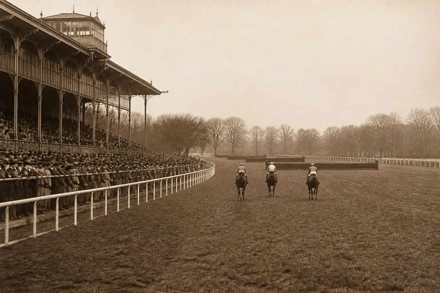 Tribune en fer et verre bondée d'un hippodrome d'obstacle, trois chevaux au canter vus de dos, photo sépia des années 1920