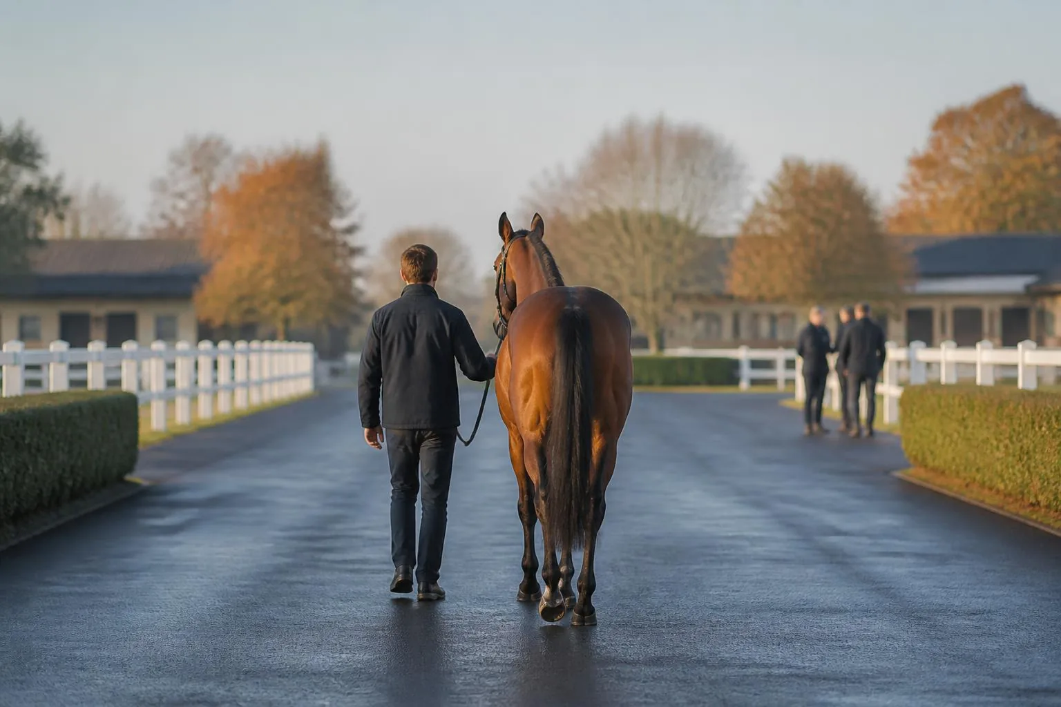 Groom en veste sombre vu de dos trottant un cheval bai en main sur une allée devant des officiels