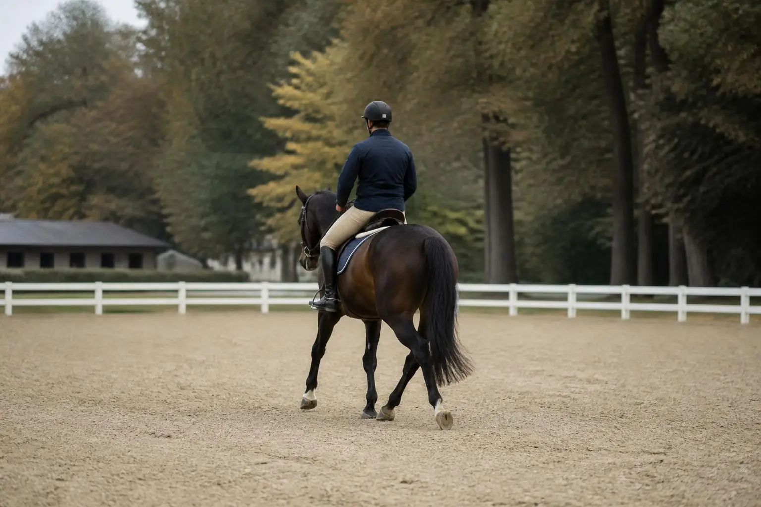 Jeune cheval bai au trot dans une carrière de sable bordée de lices blanches, cavalier de dos, arbres d'automne
