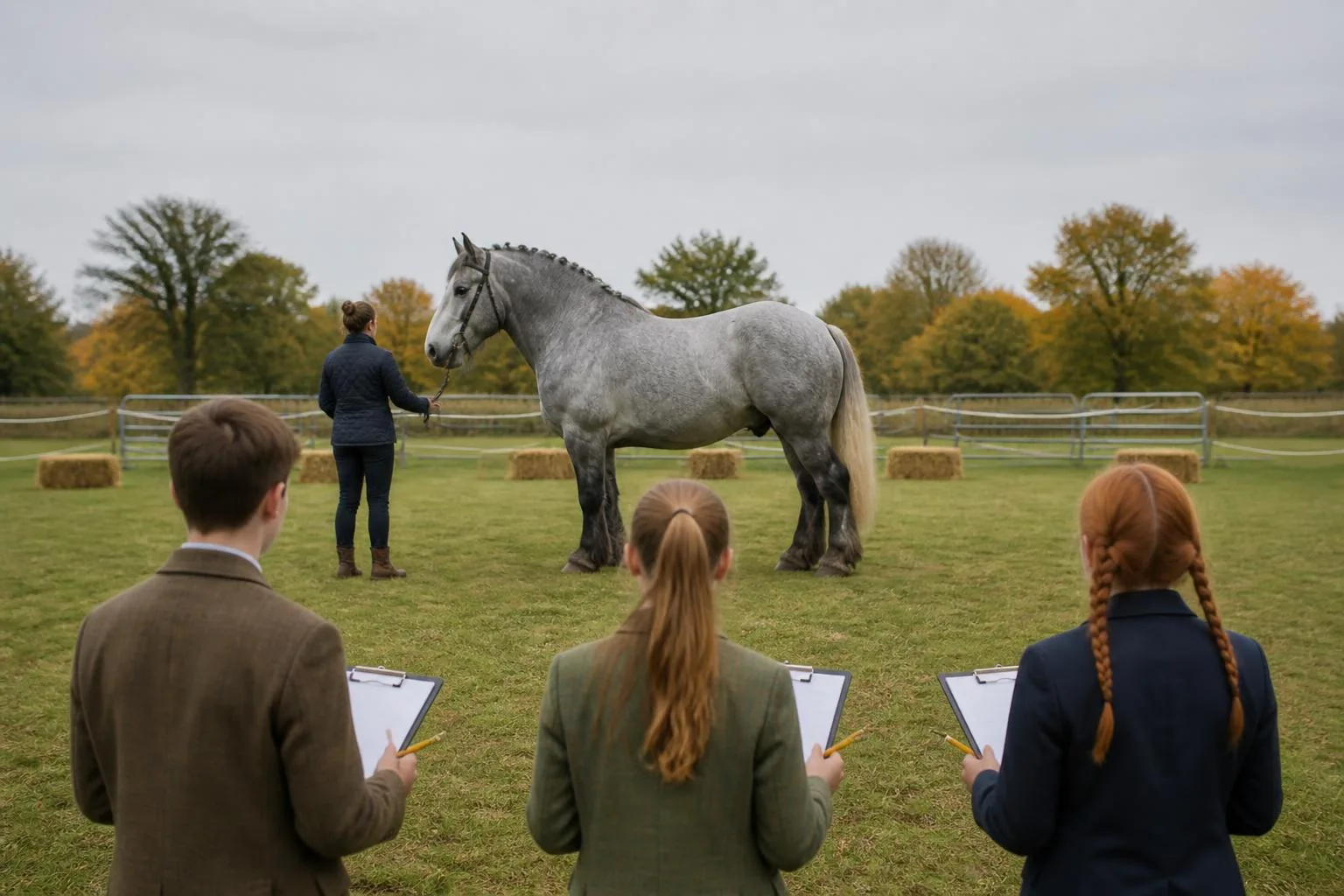 Trois jeunes de dos, fiche de notation en main, observant un cheval de trait gris campé sur l'herbe