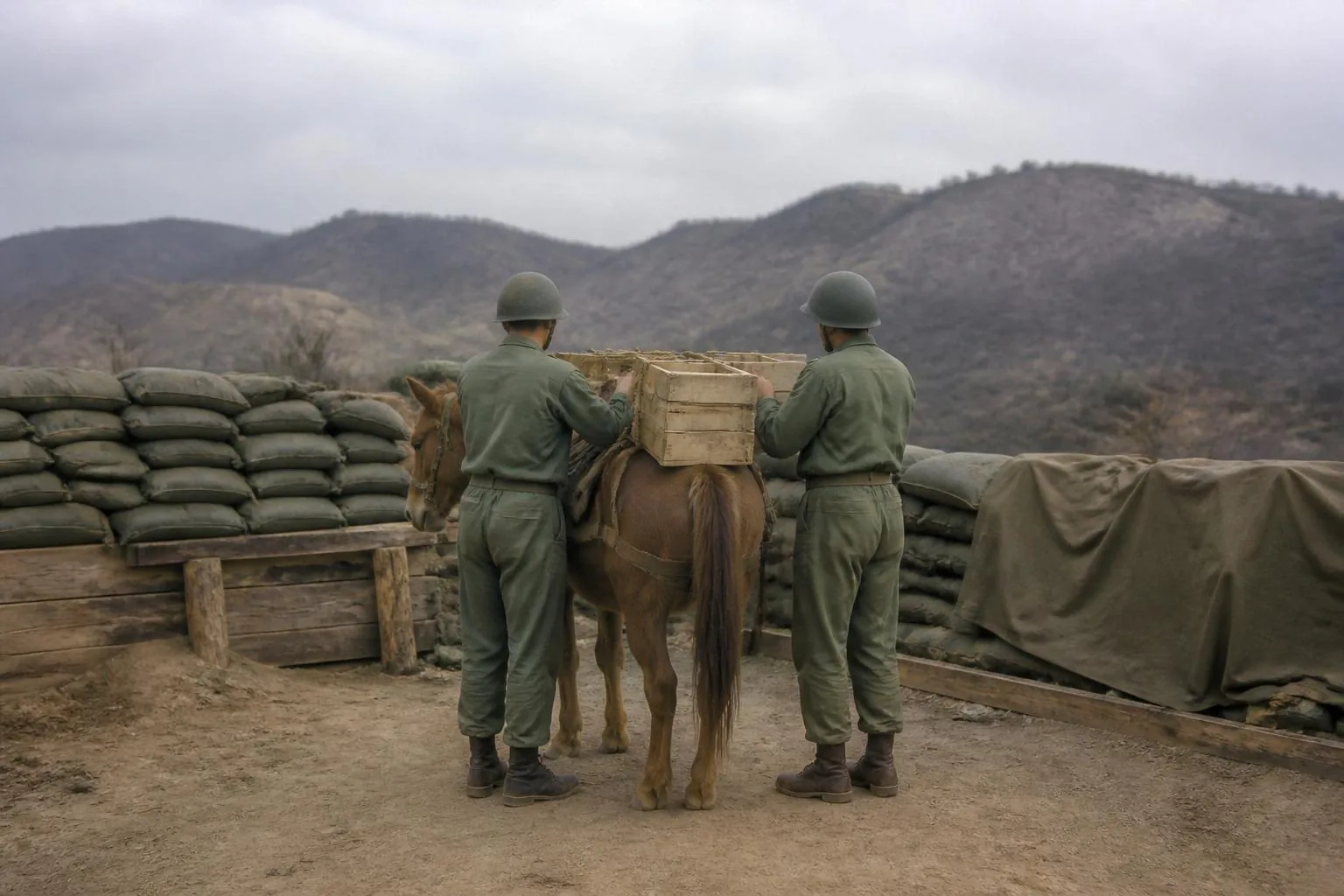 Marines vus de dos arrimant des caisses en bois sur le bat d une petite jument alezane