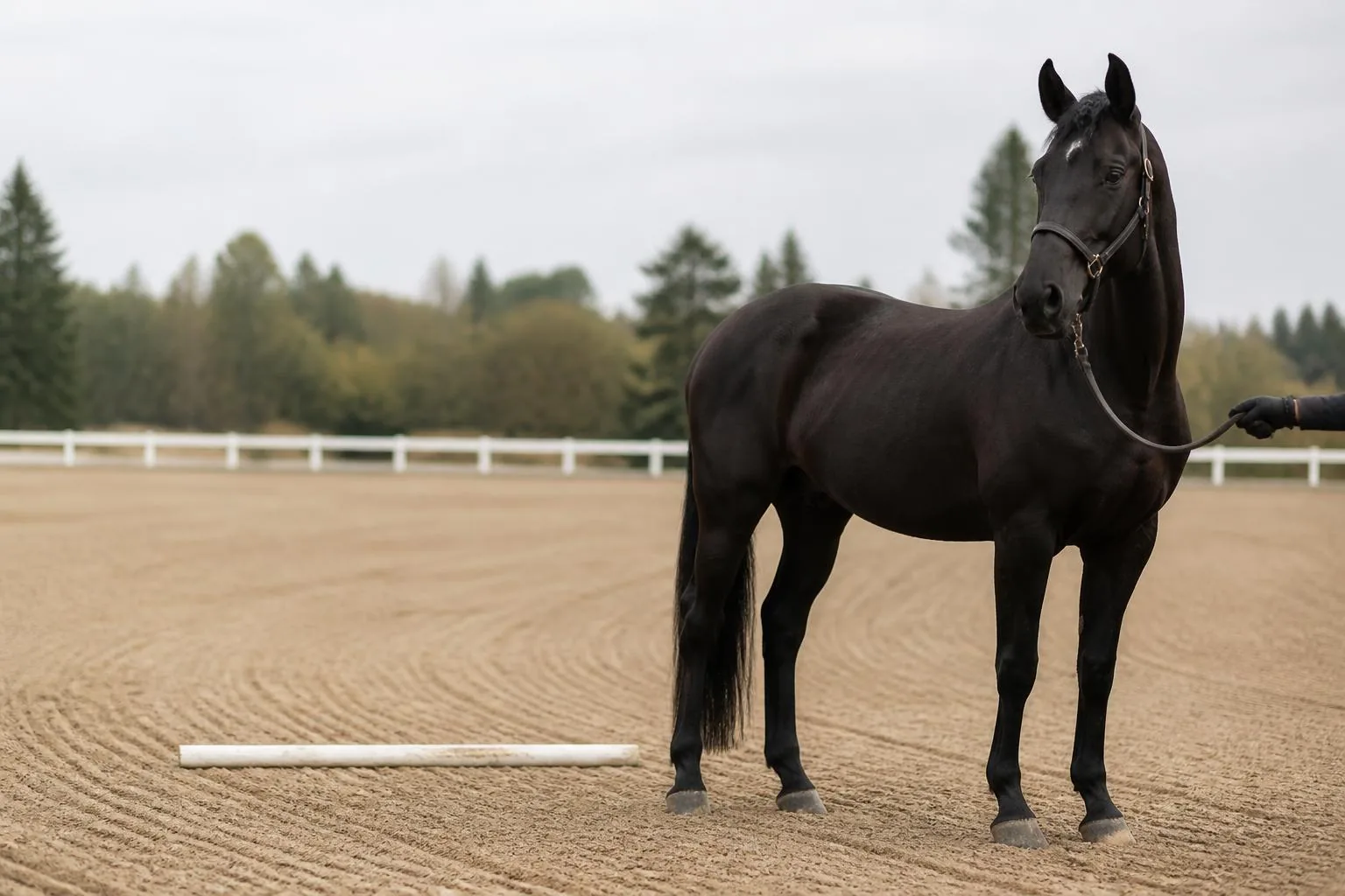 Jeune cheval noir présenté en main, dessellé, arrêté de profil devant une barre au sol sur du sable