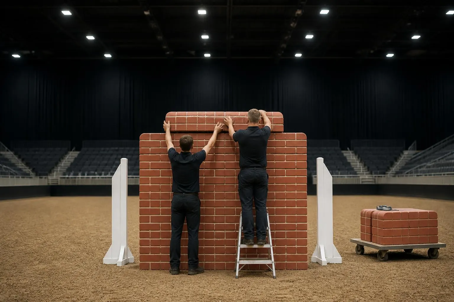 Deux hommes de piste posent une rangée de blocs supplémentaire au sommet du mur, dans une arène vide