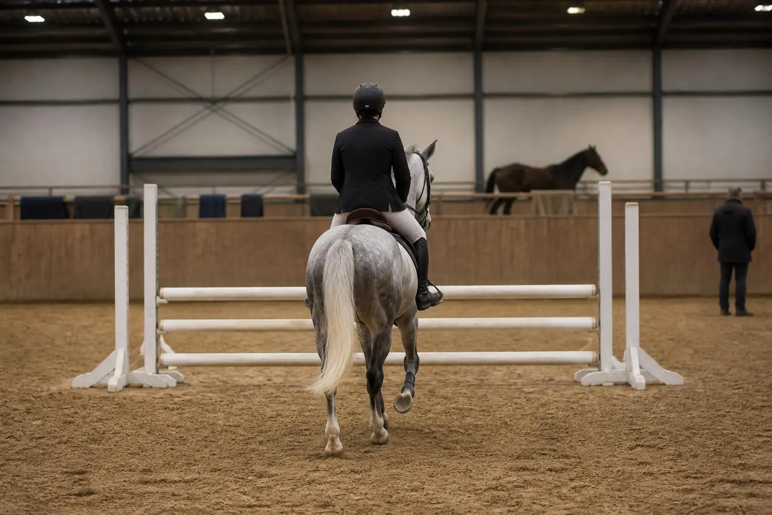 Un cheval gris pommelé galope vers un petit oxer blanc dans un paddock de détente couvert, cavalier vu de dos