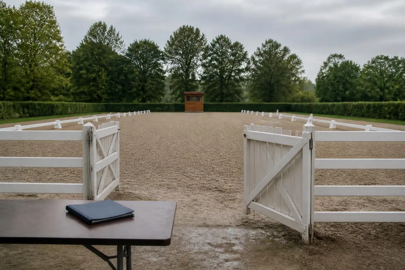 Entrée d'un paddock de concours : barrière blanche, sable ratissé, table avec un livret fermé, cabane de jury au fond