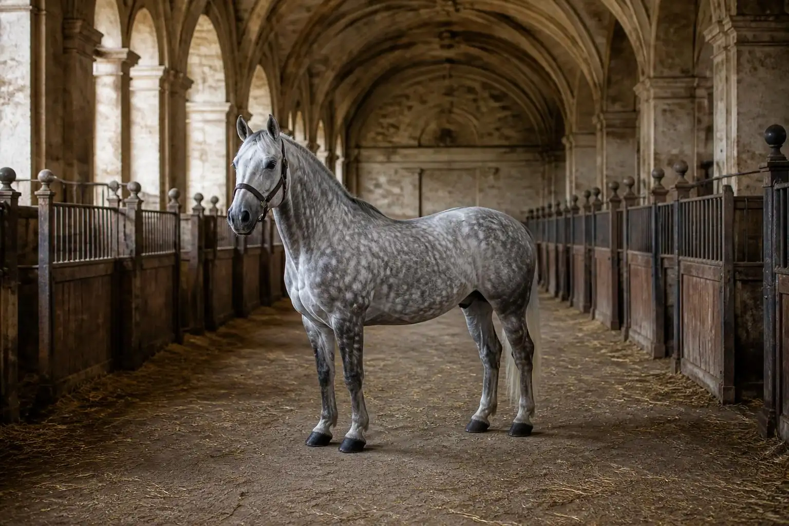 Cheval de trait gris pommelé debout dans une écurie voûtée en pierre, licol de cuir, lumière douce venant de la gauche