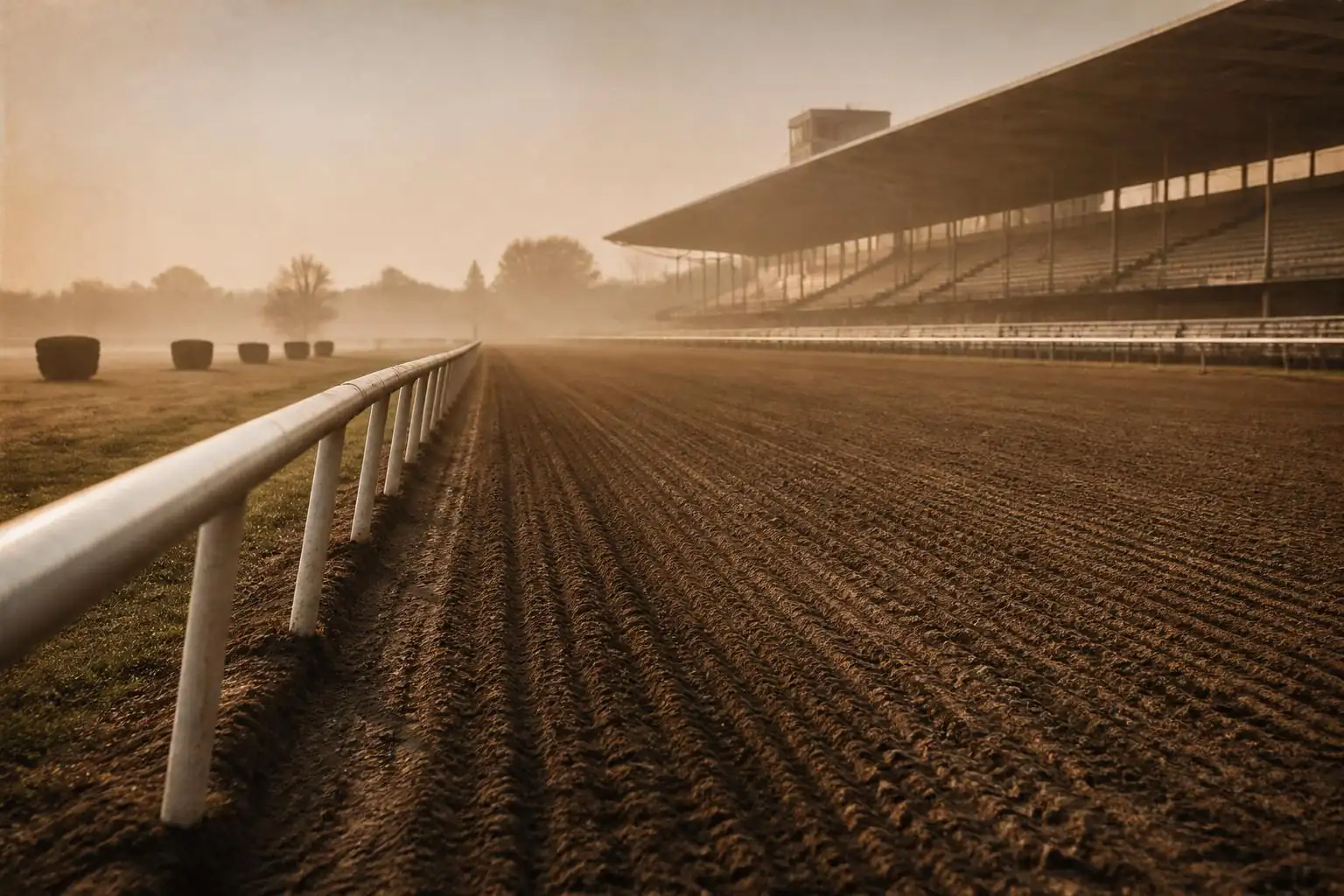 Piste en terre hersée d'un hippodrome américain à l'aube, lisse blanche et tribune vide dans la brume