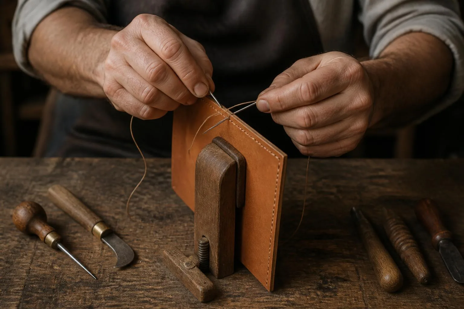 Mains d'un artisan cousant une pièce de cuir tenue dans une pince de bois, deux aiguilles et un seul fil