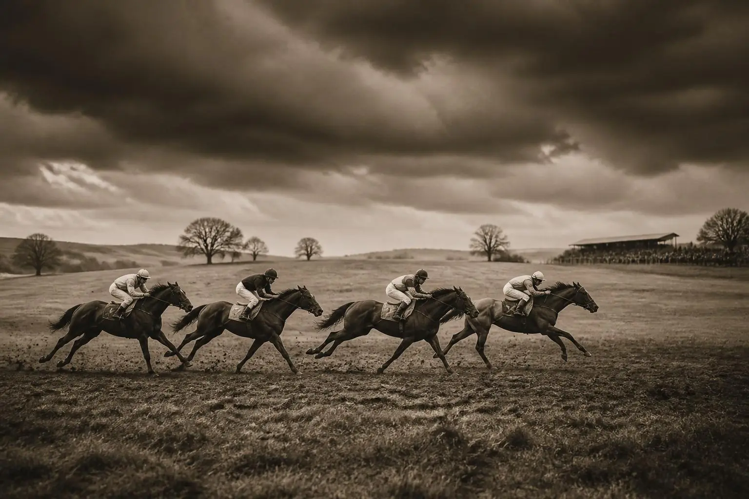 Quatre pur-sang au galop sur une lande anglaise sous un ciel d'orage, jockeys minuscules, boue et herbe haute, sépia