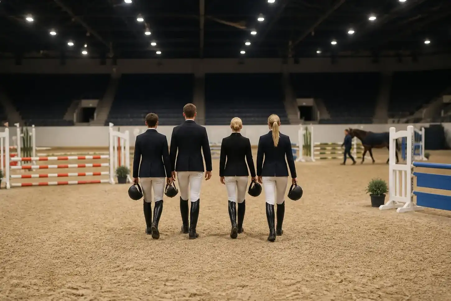 Quatre cavaliers de dos marchent le parcours entre deux obstacles colorés, casque à la main, dans une arène couverte