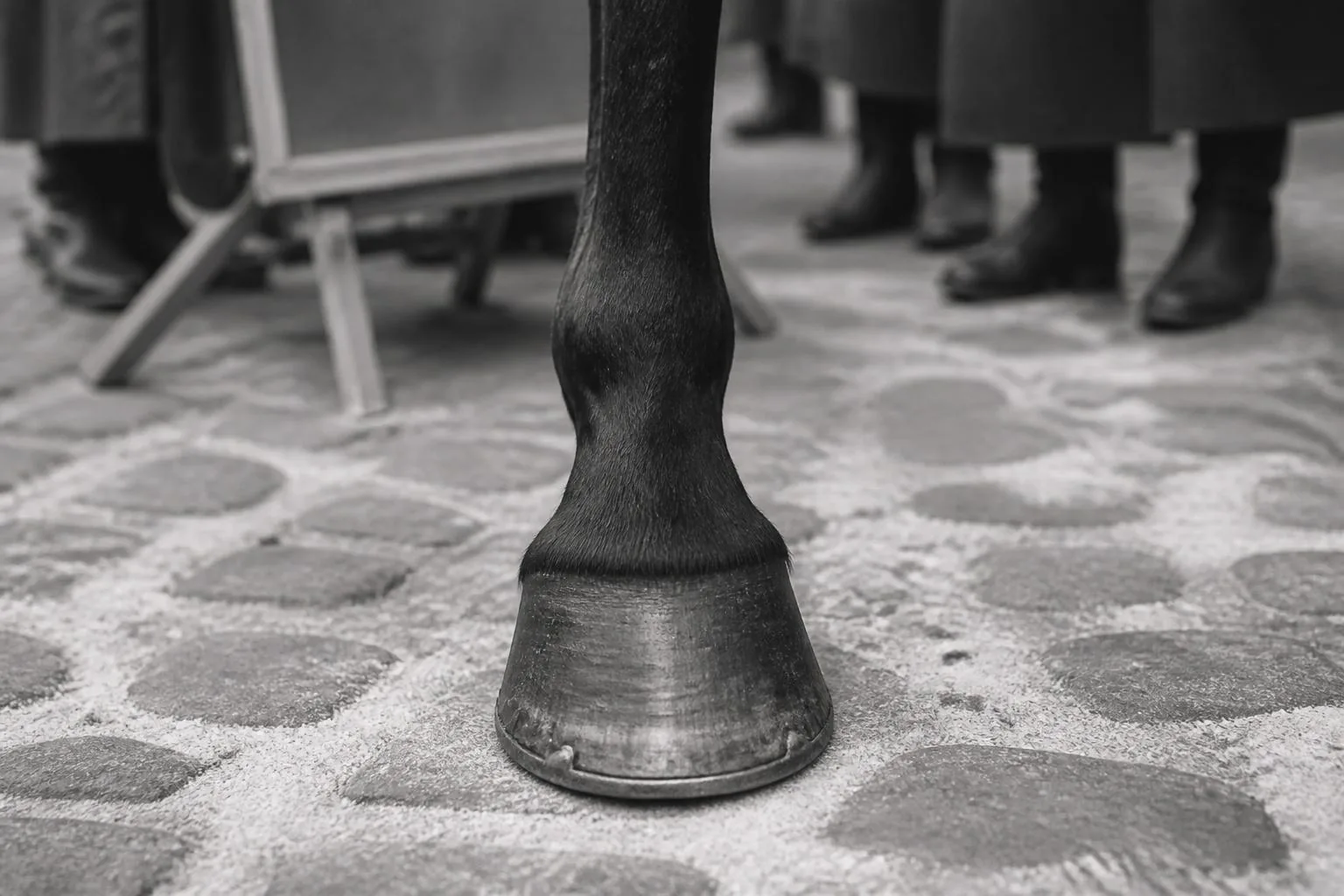 Gros plan du sabot antérieur d'un cheval sombre posé sur des pavés poudrés de craie, bottes de badauds floues derrière