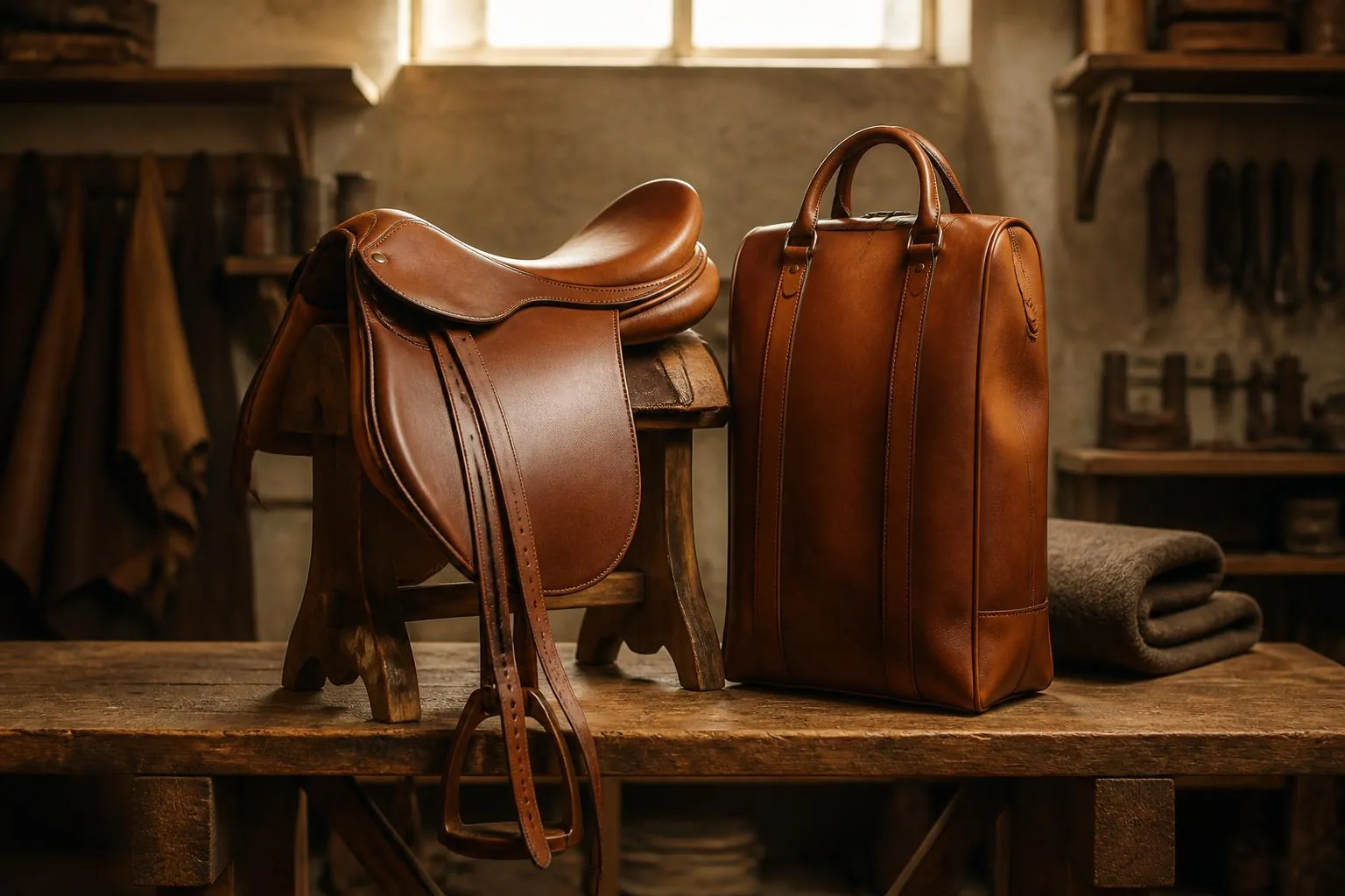 Selle anglaise en cuir fauve posée sur un chevalet de bois, à côté un grand sac de cuir à deux longues courroies