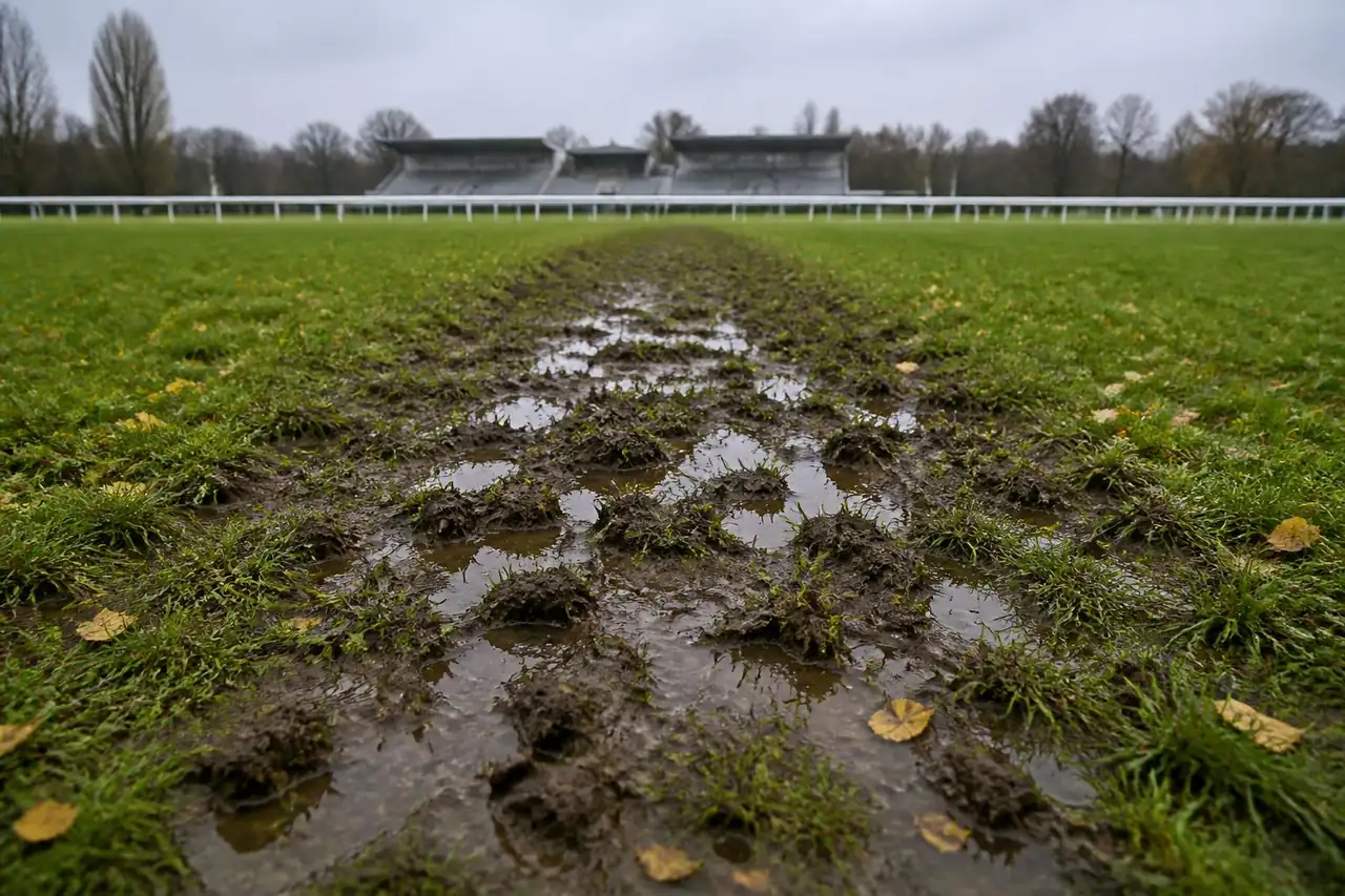 Pelouse détrempée d’un hippodrome en octobre, empreintes de sabots pleines d’eau devant les tribunes