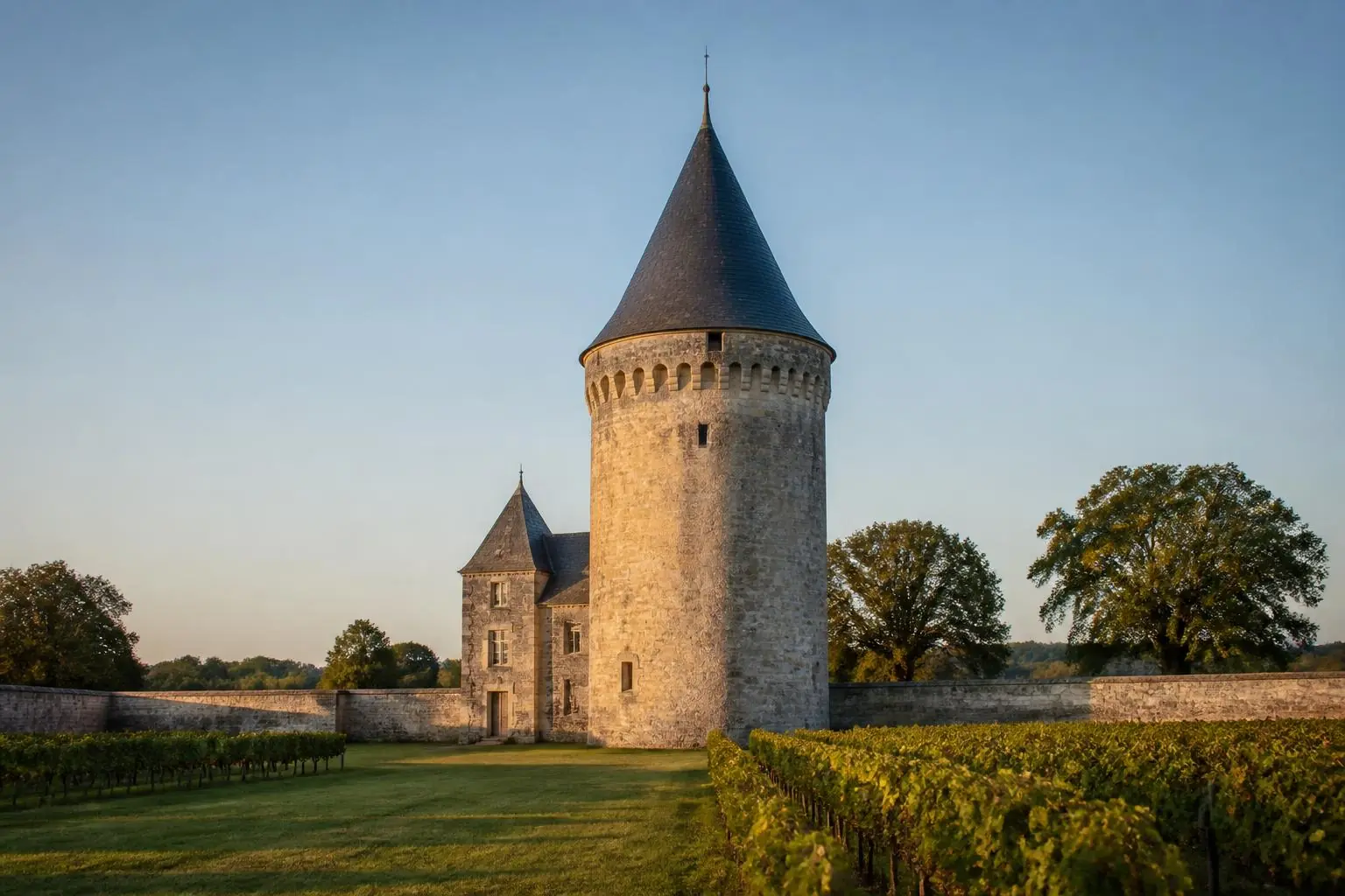 Tour ronde en pierre à toit conique d'ardoise, flanquée d'un petit bâtiment carré, vignes et pelouse au premier plan