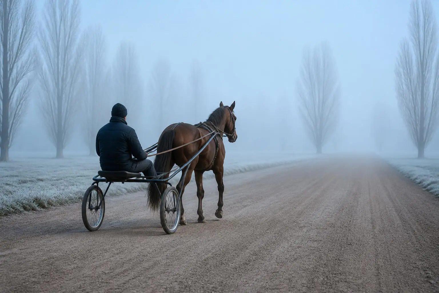 Cheval attelé à un sulky d'entraînement, au pas sur une piste sablée gelée dans la brume, meneur vu de dos