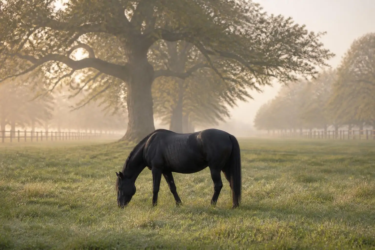 Vieille jument noire au museau grisonnant broutant seule dans l'herbe humide, sous de grands chênes noueux dans la brume