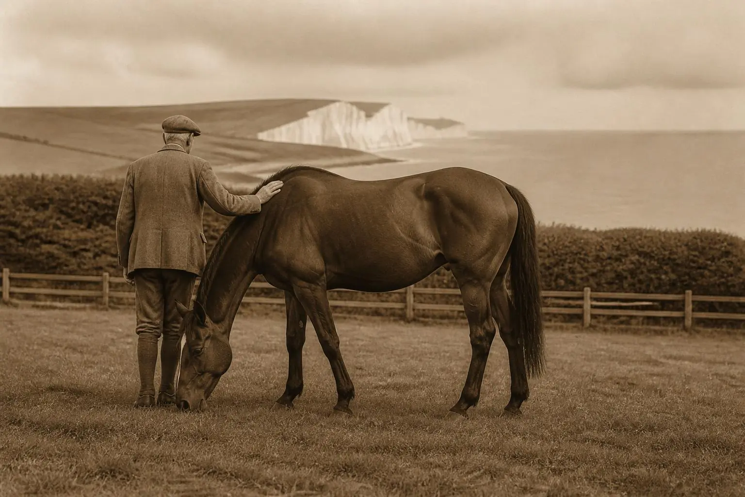 Vieux cheval bai broutant dans un pré face à des falaises blanches et à la mer, homme en tweed de dos, sépia