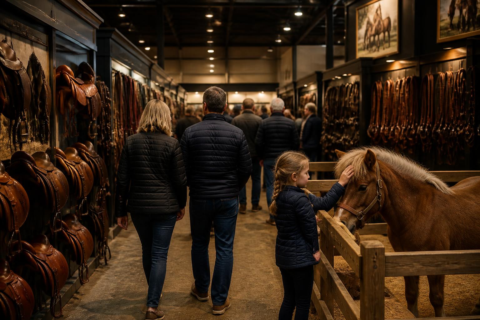 Allée d'un salon du cheval avec stands de sellerie et visiteurs